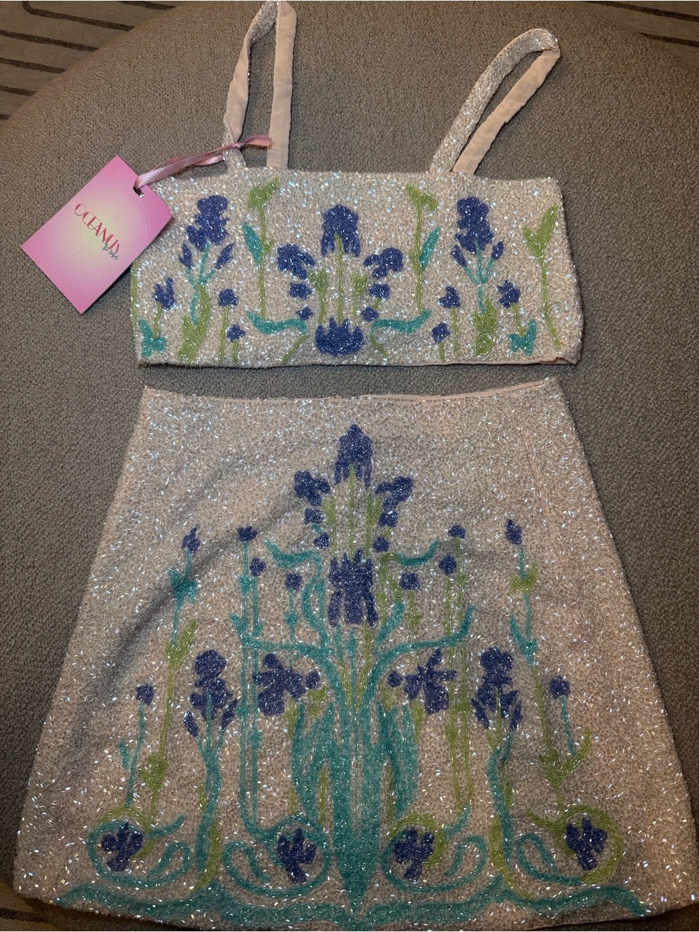 OLANMA Sparkle Two-Piece Floral Sequin Set in White and Blue